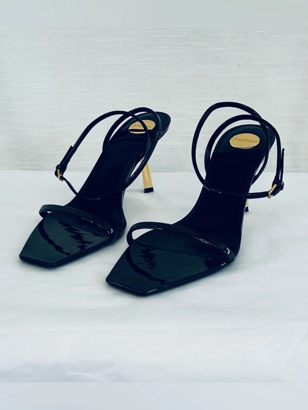 Saint Laurent Designer Patent Leather Strappy Sandals with Gold Heels - Picture 2 of 13